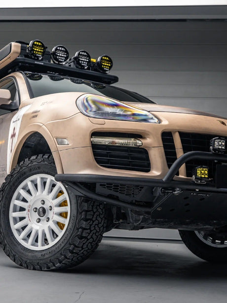 Akioverland Porsche Cayenne 957 Half Height Tubular Offroad Front Bumper with oz wheels sand colour