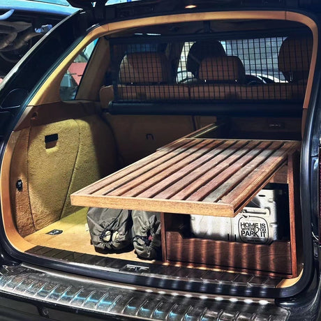 Porsche Cayenne 957 bespoke single storage drawer system. With snow peak IGT and fridge