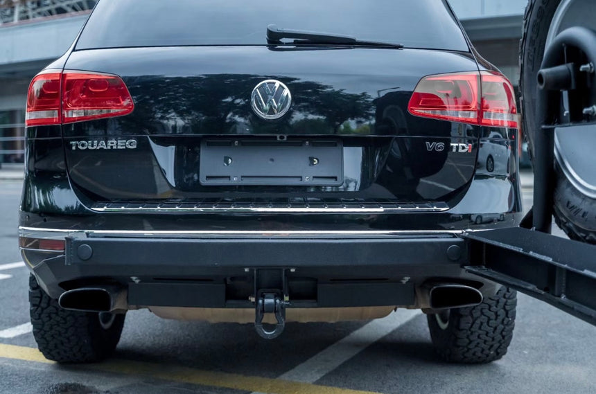 Akioverland Gen 2 VW Touareg with BP Offroad rear steel bumper with tow hitch tire swing out carrier