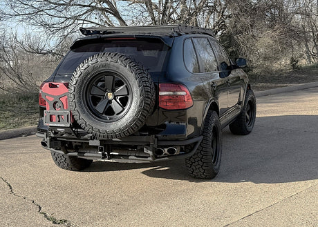 Blackout Porsche Cayenne 957 gts offroad Tubular bumper with swing out tire carrier. 