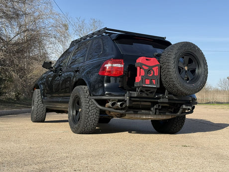 Blackout Porsche Cayenne 957 gts offroad Tubular bumper with swing out tire carrier. 