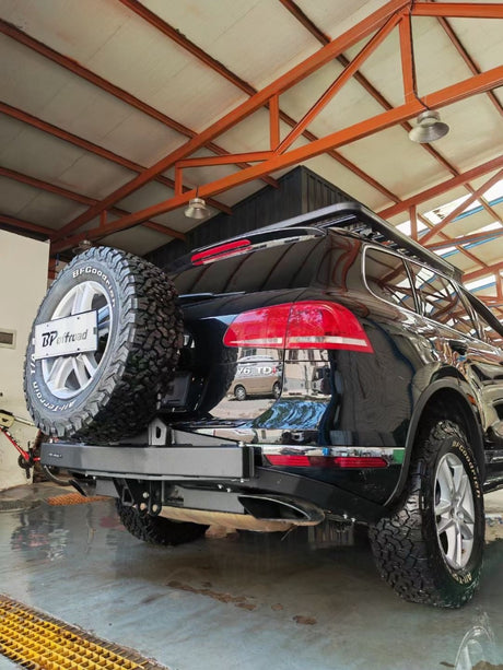 Gen 2 VW Touareg with BP Offroad tow hitch tire swing out carrier